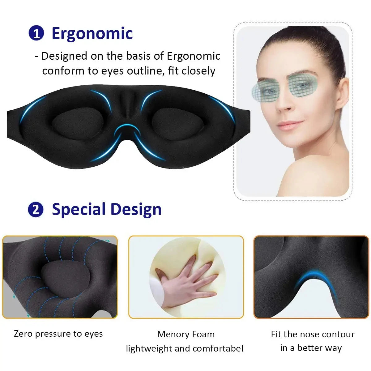 Eye Mask for Sleeping 3D Contoured Cup Blindfold Concave Molded Night Sleep Mask Block Out Light with Women Men with Earplugs - Tasawoq