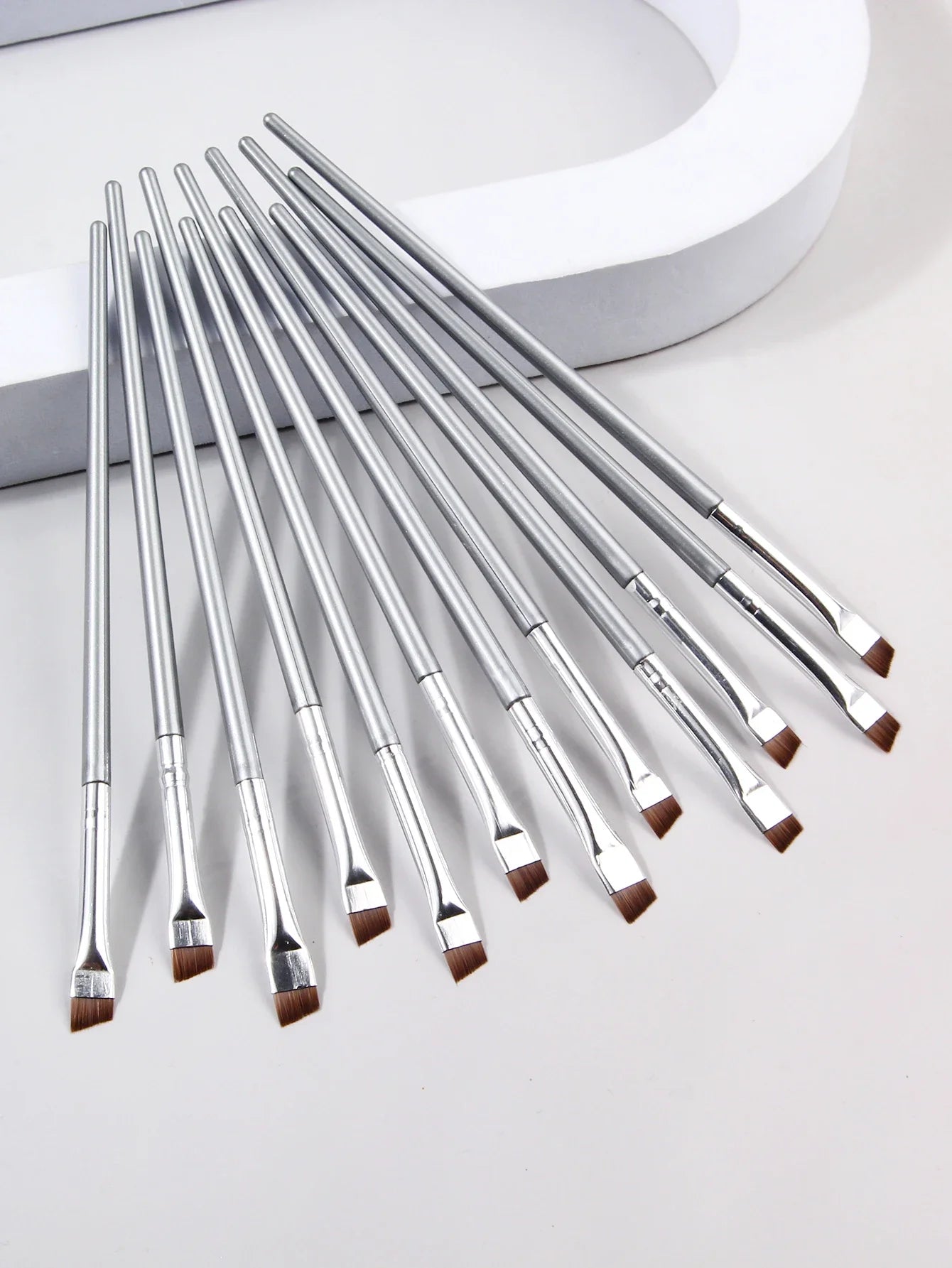 12pcs silvery Super Thin Blade Eyeliner Brush & Soft Makeup Brush Set, Portable Eyebrow Brush & Multipurpose Cosmetic Tool - Tasawoq