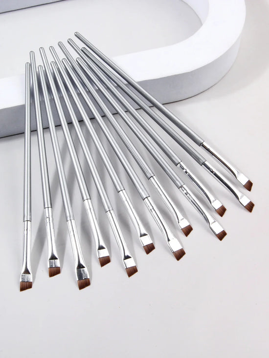 12pcs silvery Super Thin Blade Eyeliner Brush & Soft Makeup Brush Set, Portable Eyebrow Brush & Multipurpose Cosmetic Tool - Tasawoq