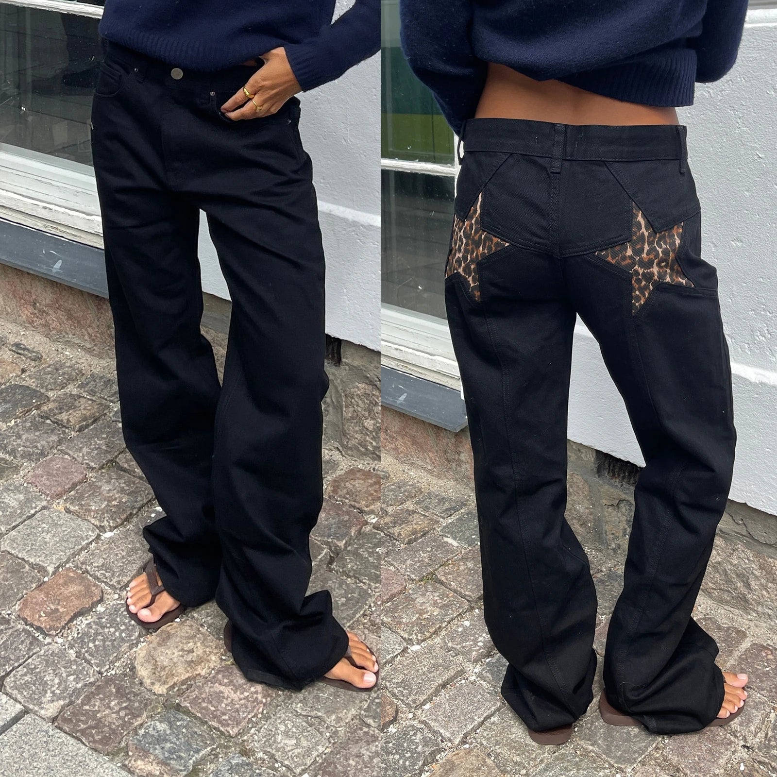 Combhasaki Women's Y2K Vintage Jeans Aesthetic Star Pattern Print Loose Straight Leg Denim Long Pants Casual Low Waist Trousers - Tasawoq