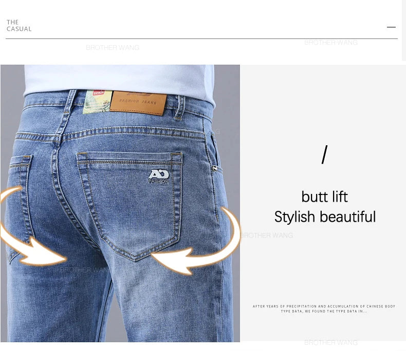 Spring Men's Light Blue Slim Jeans Stylish Casual Stretch Fabric Denim Pants Classic Trousers Smoke Gray - Tasawoq