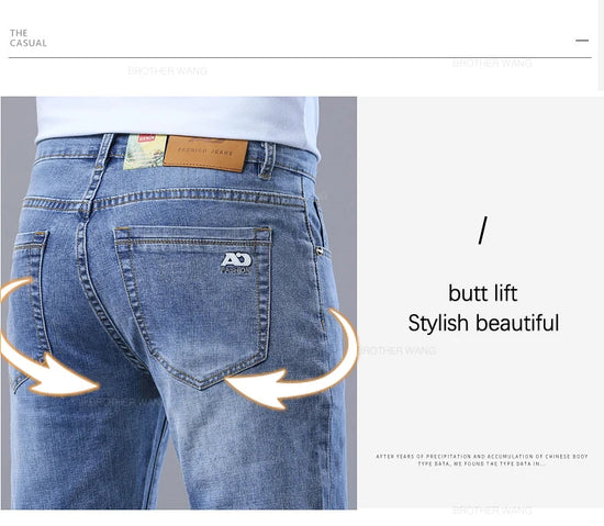 Spring Men's Light Blue Slim Jeans Stylish Casual Stretch Fabric Denim Pants Classic Trousers Smoke Gray - Tasawoq