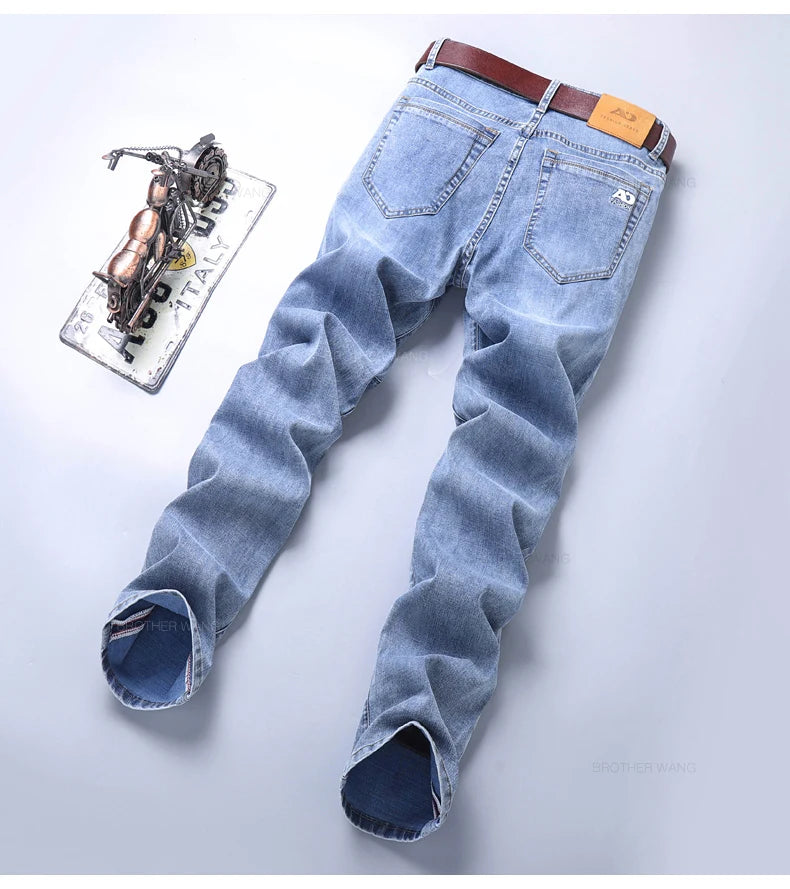 Spring Men's Light Blue Slim Jeans Stylish Casual Stretch Fabric Denim Pants Classic Trousers Smoke Gray - Tasawoq