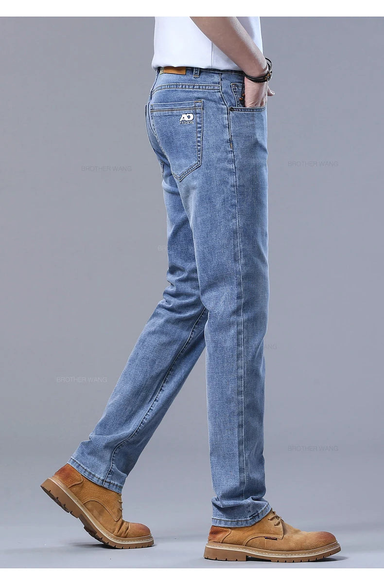 Spring Men's Light Blue Slim Jeans Stylish Casual Stretch Fabric Denim Pants Classic Trousers Smoke Gray - Tasawoq