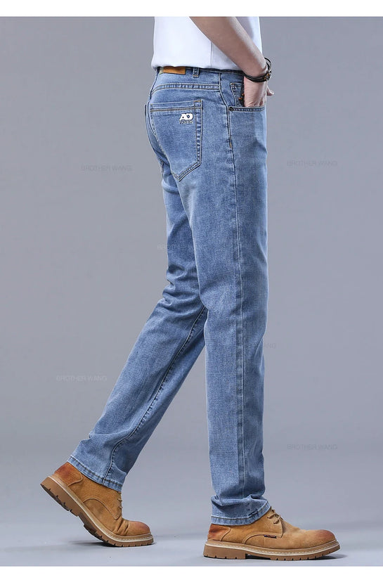 Spring Men's Light Blue Slim Jeans Stylish Casual Stretch Fabric Denim Pants Classic Trousers Smoke Gray - Tasawoq