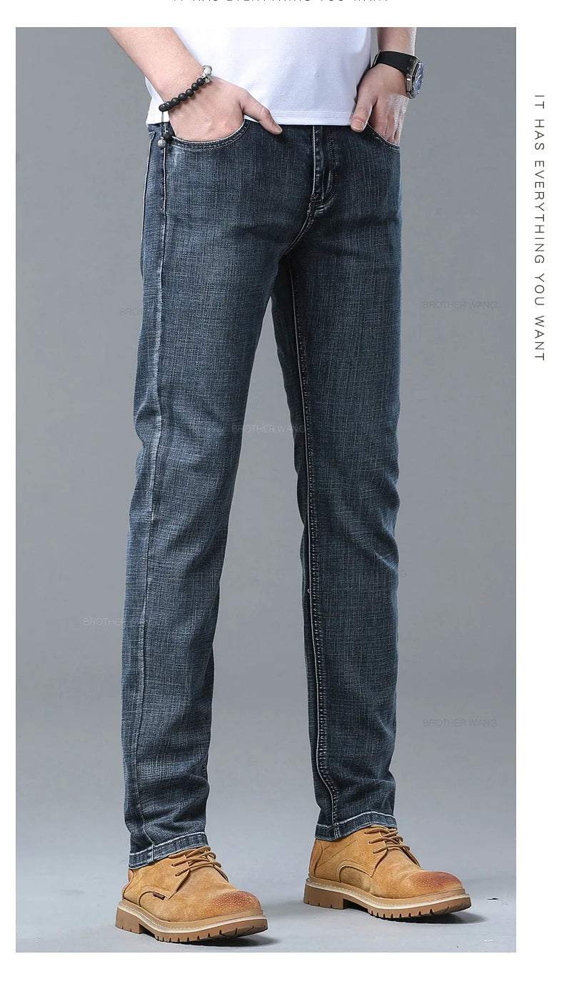 Spring Men's Light Blue Slim Jeans Stylish Casual Stretch Fabric Denim Pants Classic Trousers Smoke Gray - Tasawoq