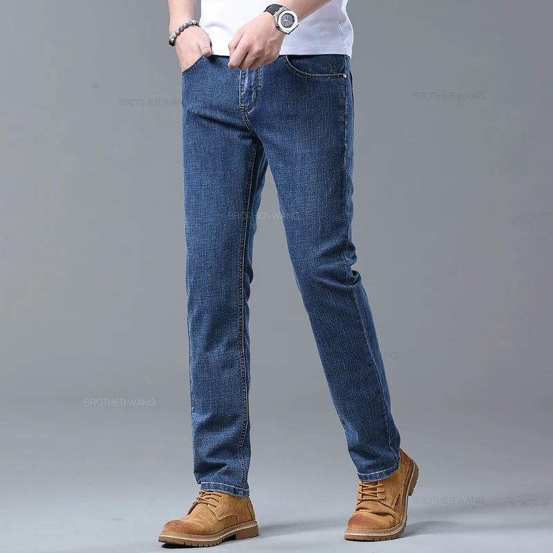 Spring Men's Light Blue Slim Jeans Stylish Casual Stretch Fabric Denim Pants Classic Trousers Smoke Gray - Tasawoq