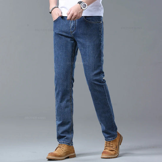Spring Men's Light Blue Slim Jeans Stylish Casual Stretch Fabric Denim Pants Classic Trousers Smoke Gray - Tasawoq