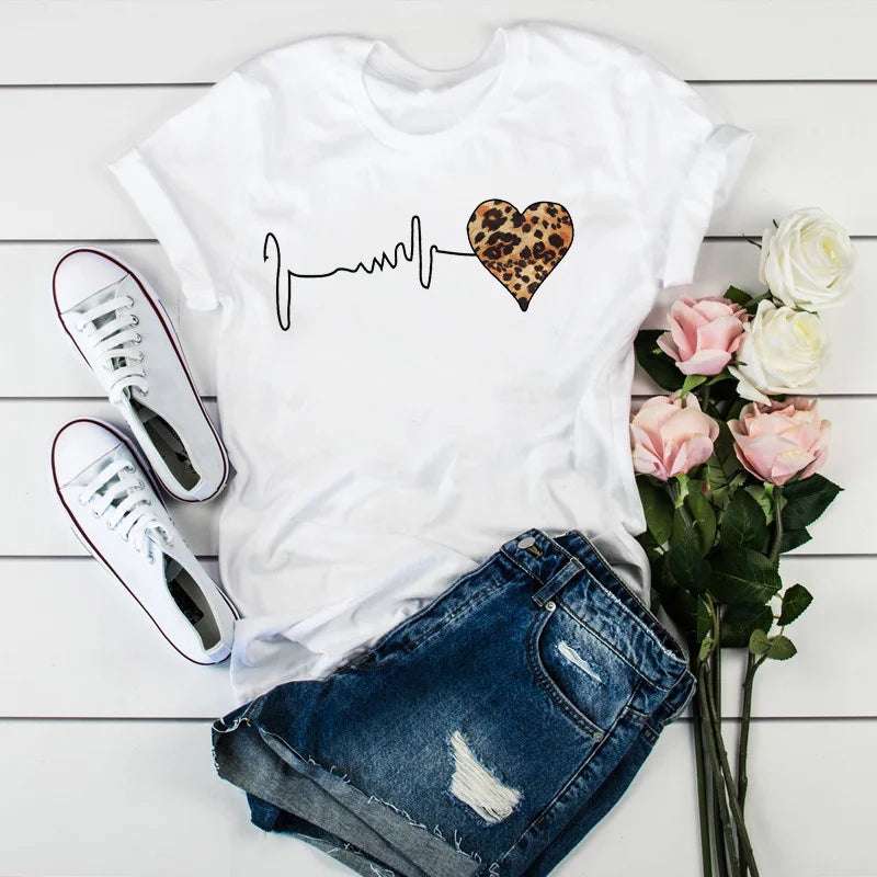 Summer New 90 's Leopard Heartbeat Short Sleeve Print Clothing Women's T-Shirt Harajuku Graphic Clothing Women's Top,Drop Ship - Tasawoq