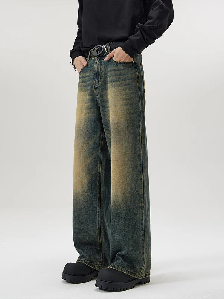 4 Colors Autumn Vintage Distressed Men's Baggy Straight Jeans Fashion Korean High Street Denim Pants Streetwear Male Trousers - Tasawoq