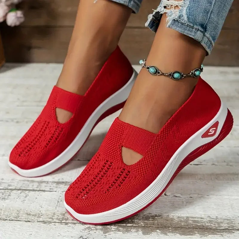 Women's Solid Color Breathable Sneakers, Soft Sole Lightweight Slip On Walking Shoes, Low-top Knitted Casual Shoes - Tasawoq