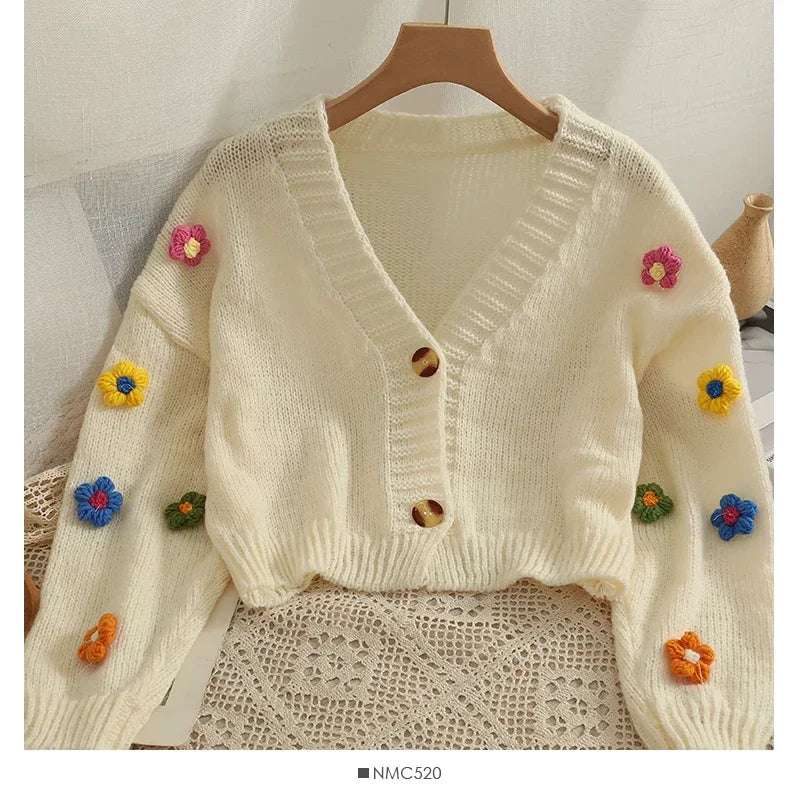 PTKPCC New Autumn Colourful Applique Flower Cardigan for Women Cute Long V-neck Knit Crop Sweater Girl Soft Knitwear - Tasawoq