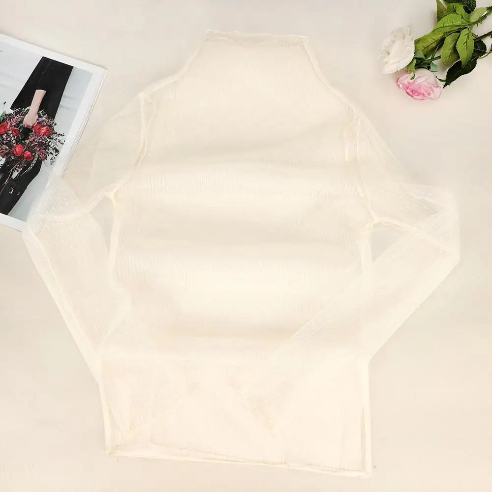 Sexy Women Mesh T-Shirts See-Through Perspective Tshirt Sunscreen Tops Long Sleeve Bottoming Shirts Club Party Black Tee Shirts - Tasawoq