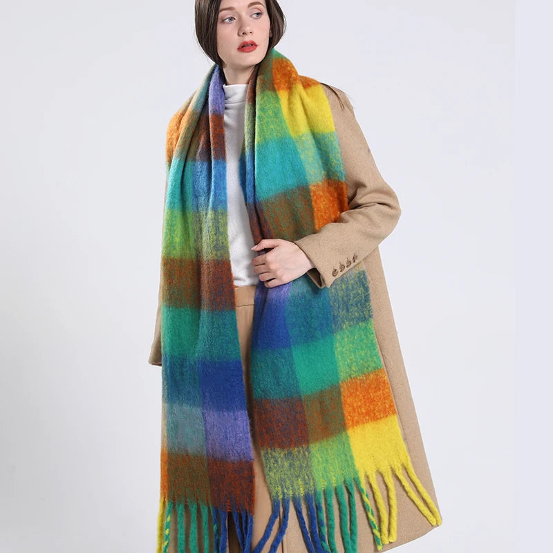 2025 Winter Thick Warm Scarf Women Cashmere Shawl and Wraps Pashmina Neckerchief Bufanda Female Rainbow Hairy Tessel Echarpe New - Tasawoq