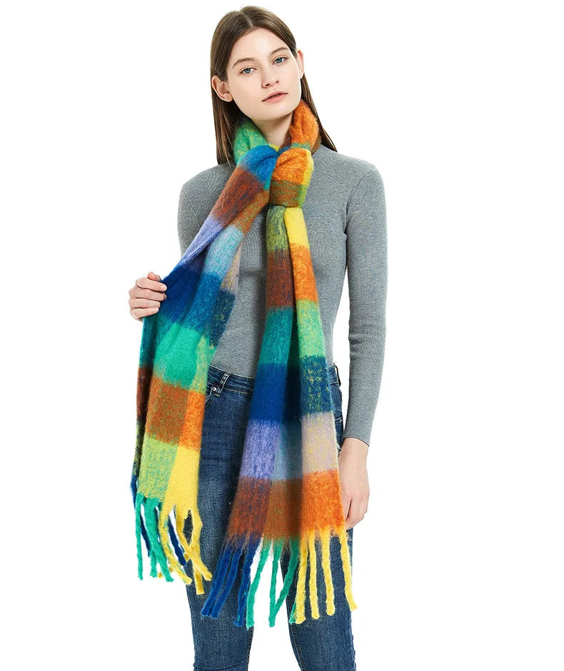2025 Winter Thick Warm Scarf Women Cashmere Shawl and Wraps Pashmina Neckerchief Bufanda Female Rainbow Hairy Tessel Echarpe New - Tasawoq