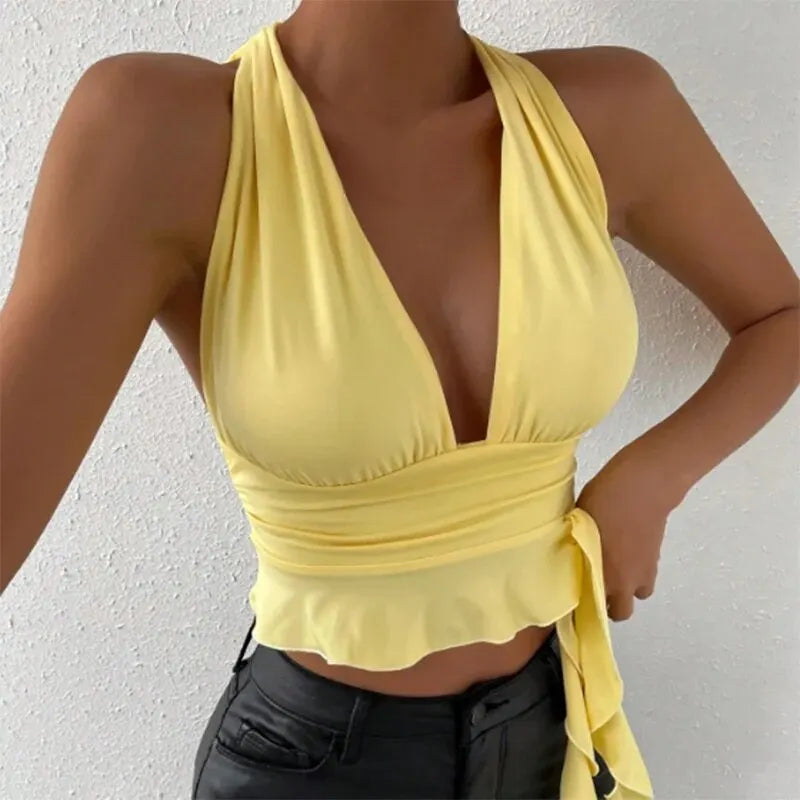 Women's Sexy Tight Fitting Deep V-neck Pleated Top Tight Fitting 2024 Spring Beach Resort Nightclub New Model Women's Sexy Tigh - Tasawoq