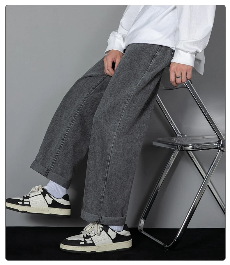 2025 New Korean Men's Casual Long Jeans Classic Man Straight Denim Wide-leg Pants Solid Color Light Blue Grey Black - Tasawoq