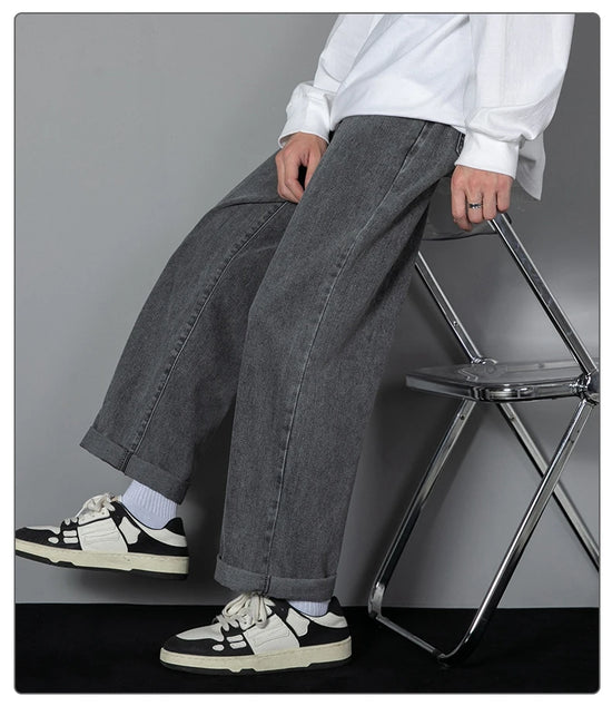 2025 New Korean Men's Casual Long Jeans Classic Man Straight Denim Wide-leg Pants Solid Color Light Blue Grey Black - Tasawoq
